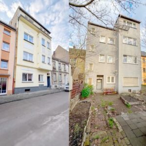 Ein Vierfamilienhaus mit stilvoller Fassade in einer Seitenstraße.