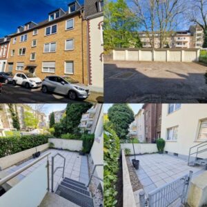 Erdgeschosswohnung mit Terrasse, Balkon und zwei Garagen in ruhiger Einbahnstraße.
